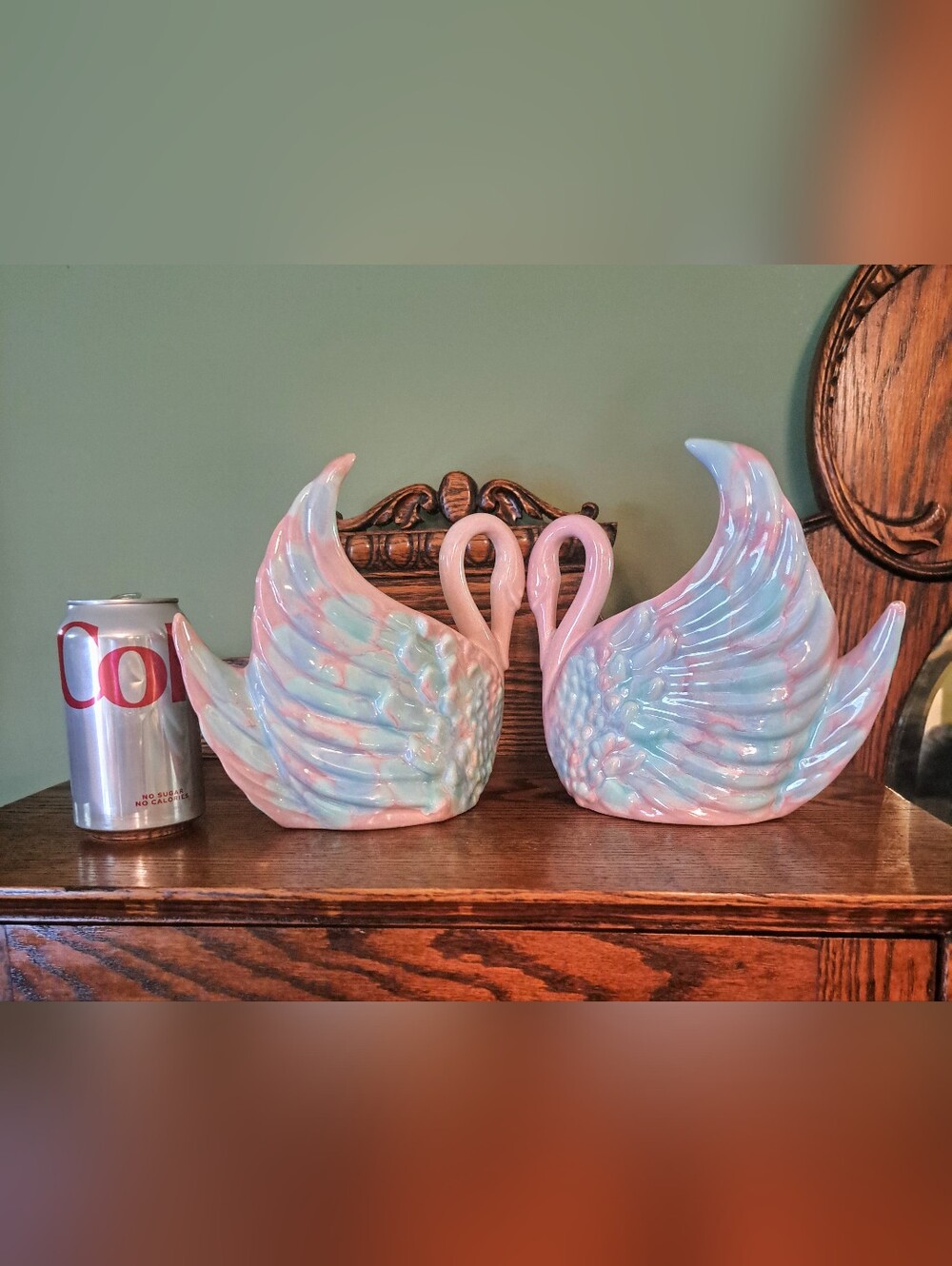 Vintage Royal Haeger Pair Of Swan Vases Planters Mauve Agate Pink Blue